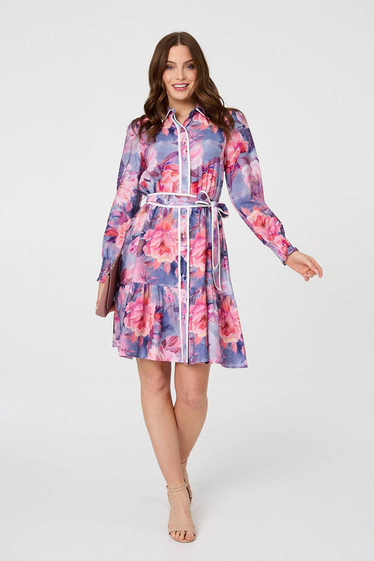 Floral Tiered Knee Length Shirt Dress