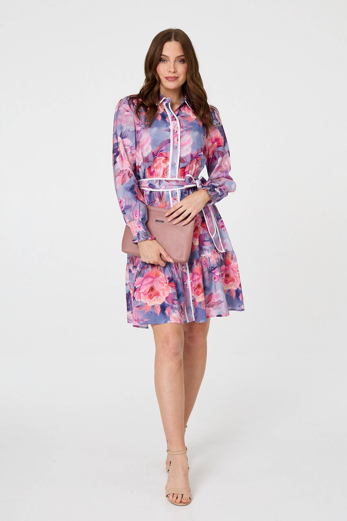 Floral Tiered Knee Length Shirt Dress