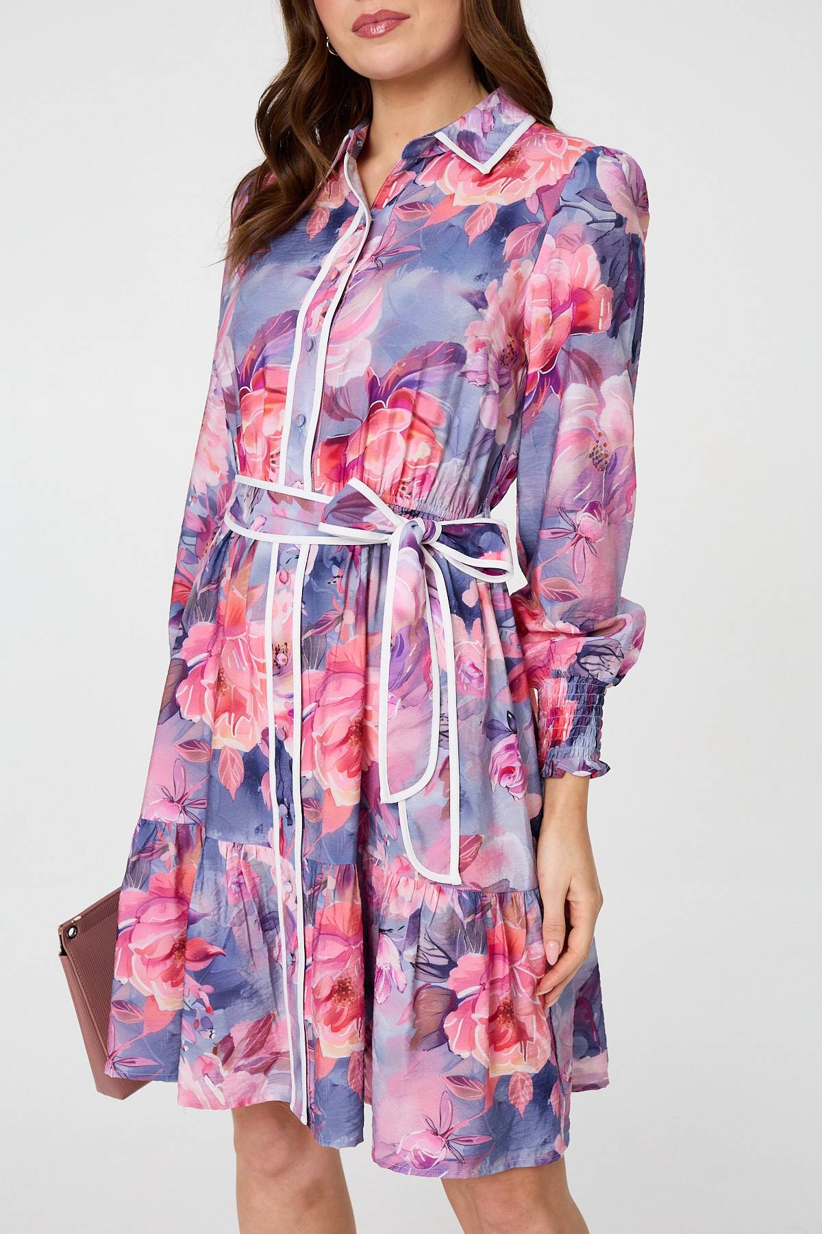Floral Tiered Knee Length Shirt Dress