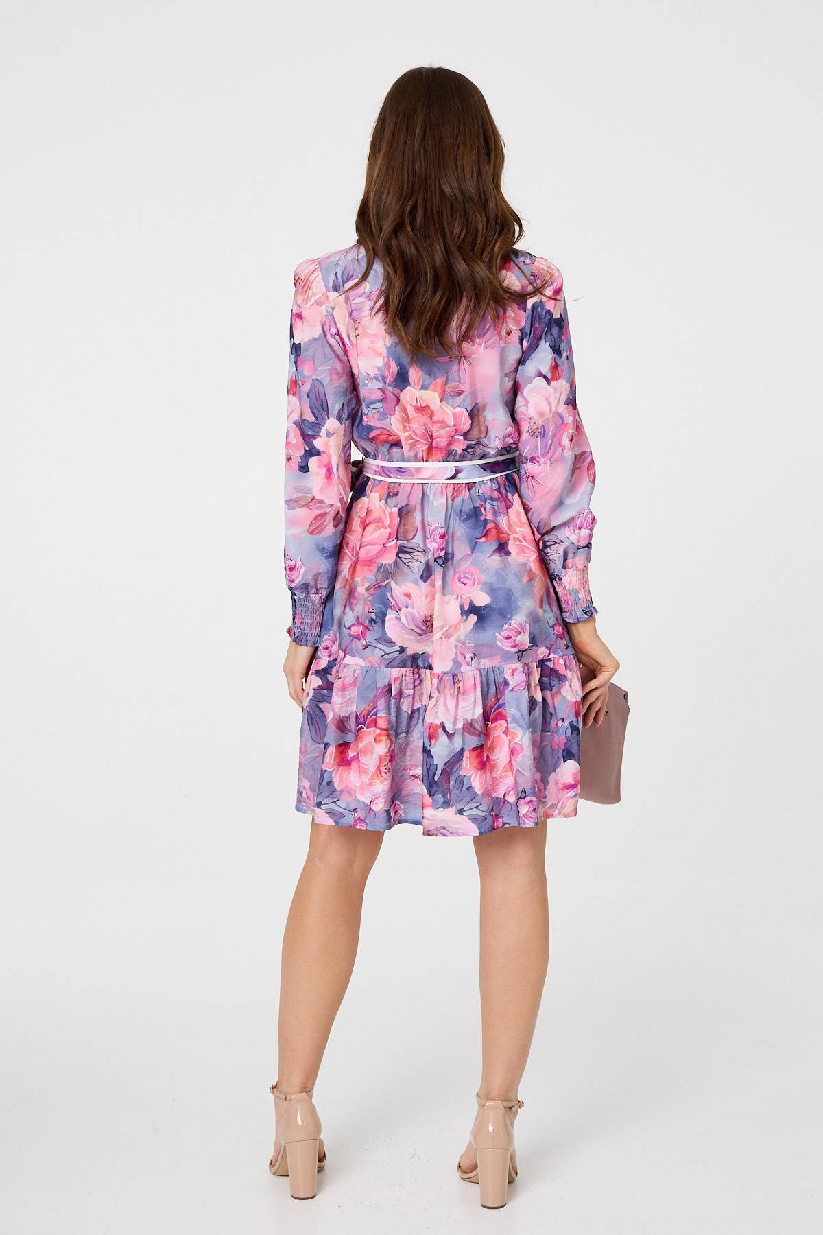 Floral Tiered Knee Length Shirt Dress