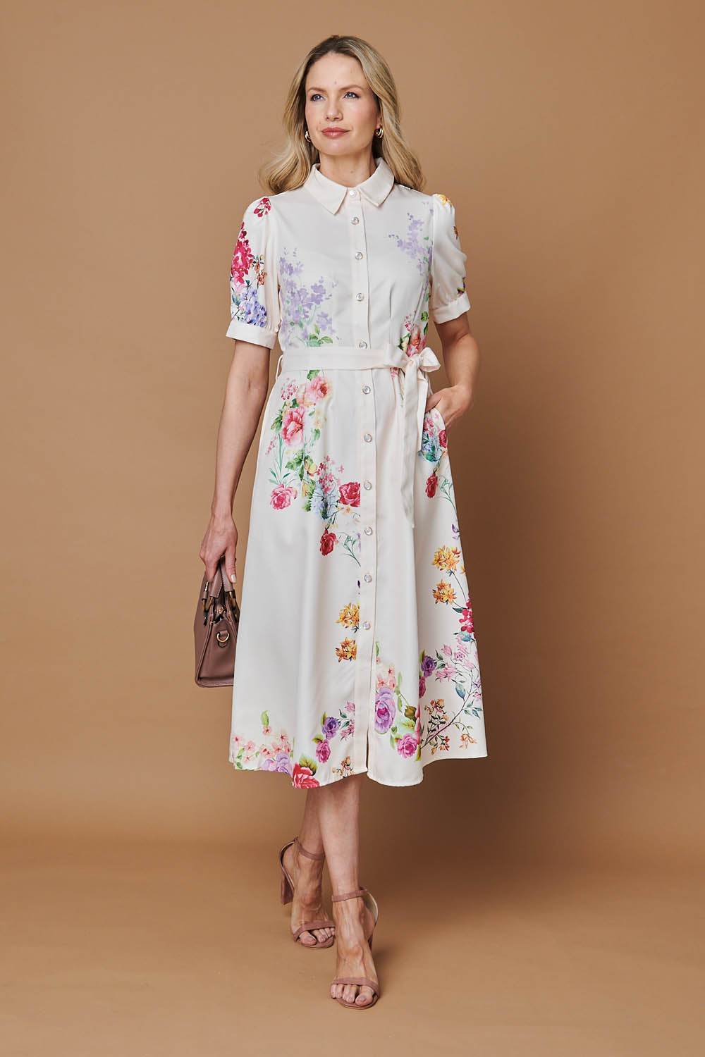 Floral 1/2 Sleeve Tie Waist Midi Dress