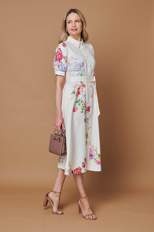 Floral 1/2 Sleeve Tie Waist Midi Dress