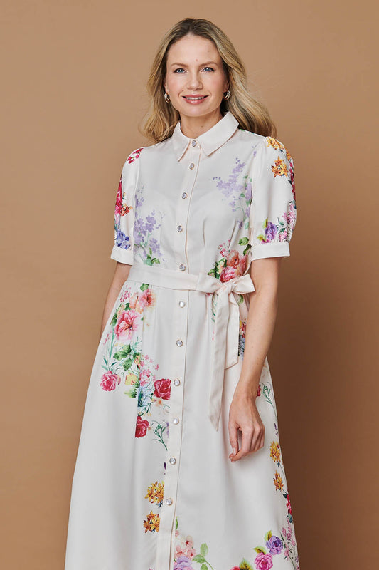 Floral 1/2 Sleeve Tie Waist Midi Dress