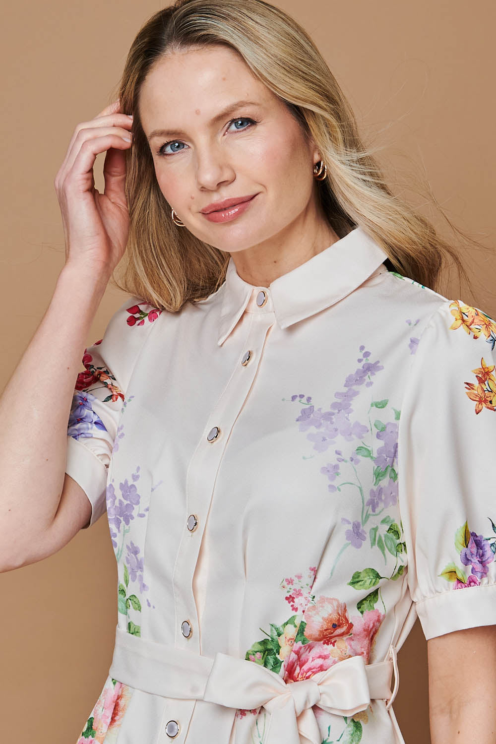 Floral 1/2 Sleeve Tie Waist Midi Dress