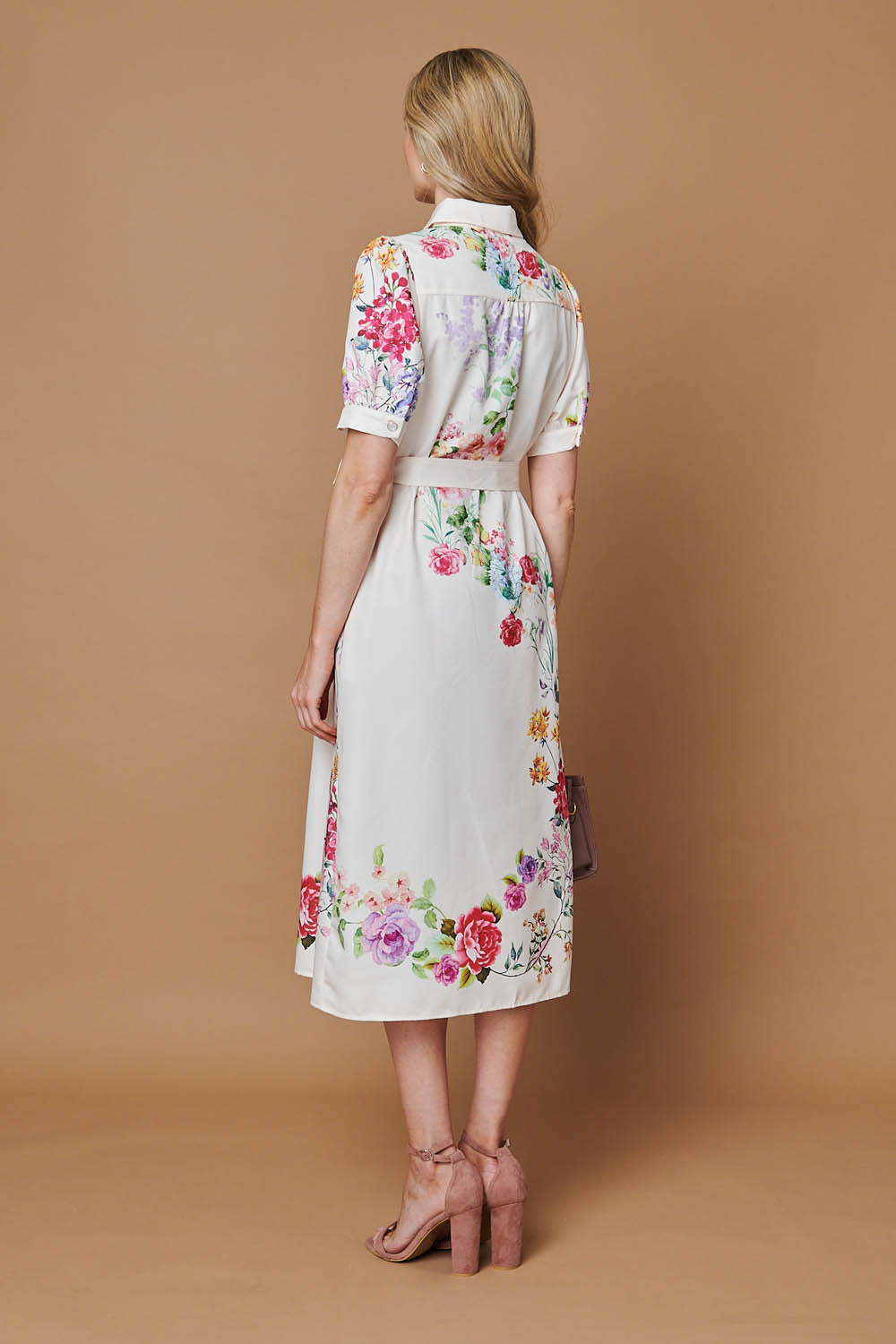 Floral 1/2 Sleeve Tie Waist Midi Dress